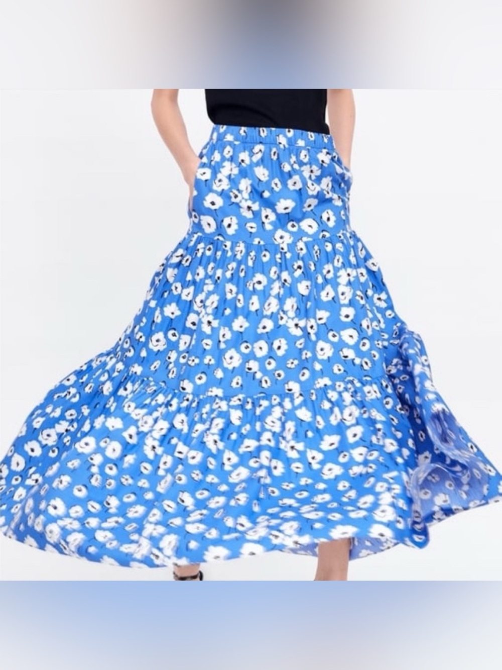 Zara Womens Floral Print Tiered Maxi Skirt with Pockets Light Blue Size XS/S